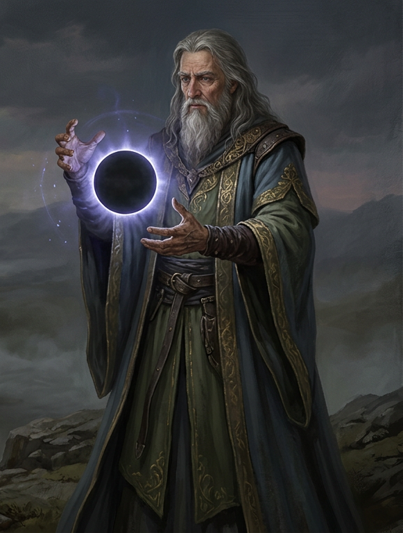 An elderly Arthurian-inspired sorcerer conjuring eclipse-like magic in a twilight landscape